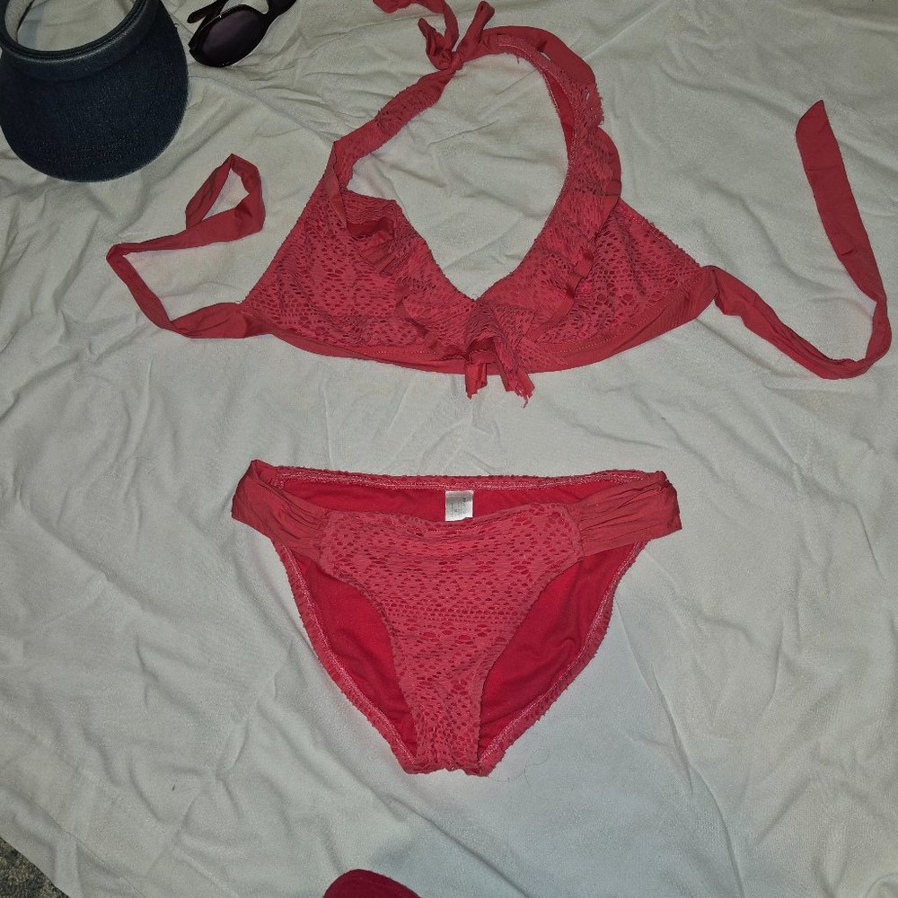 Bisou Bisou Coral Crochet Look Swim Suit Bikini Bottoms M, Top XL